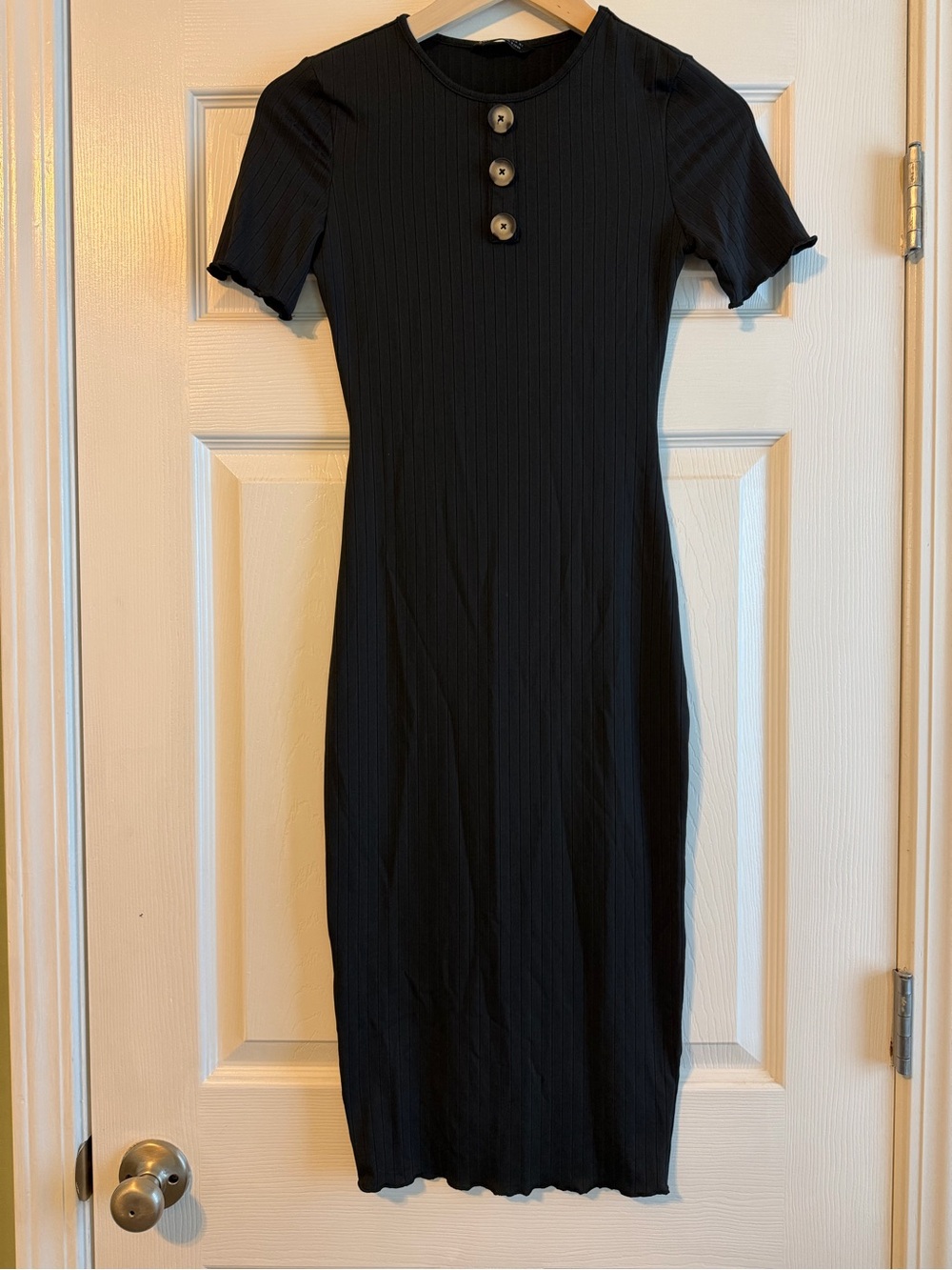 SHEIN Black Ribbed Midi Dress with Front Buttons